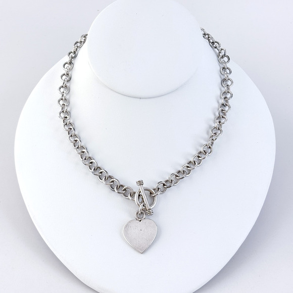 Vintage Mexico Sterling Silver 925 Heart Toggle Rolo Chain Necklace 16” - Picture 1 of 5